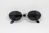 LES COPAINS vintage oval full rimmed sunglasses, cool round brilliant silver architectural arms made in Italy, NOS 1980s