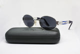 LES COPAINS vintage oval full rimmed sunglasses, cool round brilliant silver architectural arms made in Italy, NOS 1980s