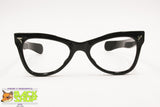 Authentic 1940-1950 Black cat eye frame glasses women, sturdy acetate silver inserts straight arms, Vintage Preowned