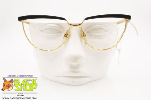 METALFLEX mod. G&G 1, Vintage eyeglass frame women satin black golden, New Old Stock 1980s