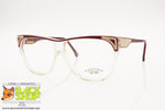 REGINE'S mod. BURGANDY Vintage wayfarer eyeglasses, real white leather, New Old Stock