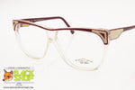 REGINE'S mod. BURGANDY Vintage wayfarer eyeglasses, real white leather, New Old Stock