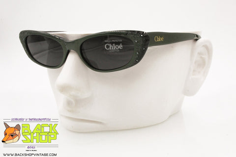 CHLOE' Lunettes mod. 10S 142 Vintage Sunglasses cat eye green black strass engraved, New Old Stock 1990s