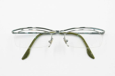 Half rimmed reading glasses rectangular lenses FIELMANN made in Italy // pale green metallized eyeglasses & green temple tips