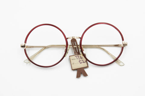 Authentic 1960s oversize round eyewear frame Pale Golden with Red rims, Artisanal frame hand assembled, New Old Stock