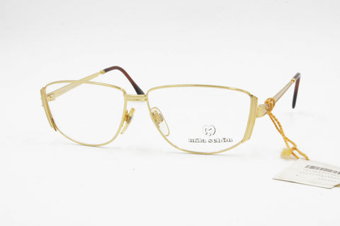 Mila Schön vintage eyewear frame geometrical rectangular, Golden metal colour with brown acetate temple tips, New Old Stock