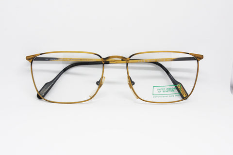 90s Eyewear UNITED COLORS of BENETTON reading glasses rectangular eye wire golden and black aged effect, Vintage Nos 80s