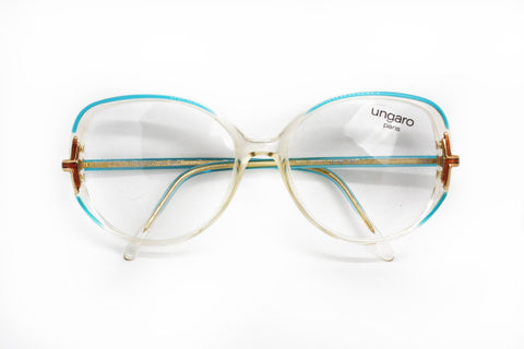 80s UNGARO Paris made in France frame in clear cello adorned in azure and glittered arms , Vintage NOS eyewear frame