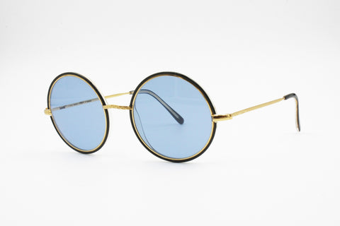 Golden & Black Round sunglasses LOOK patented model WASP, hipster style azure blue lenses, New Old Stock 1980s