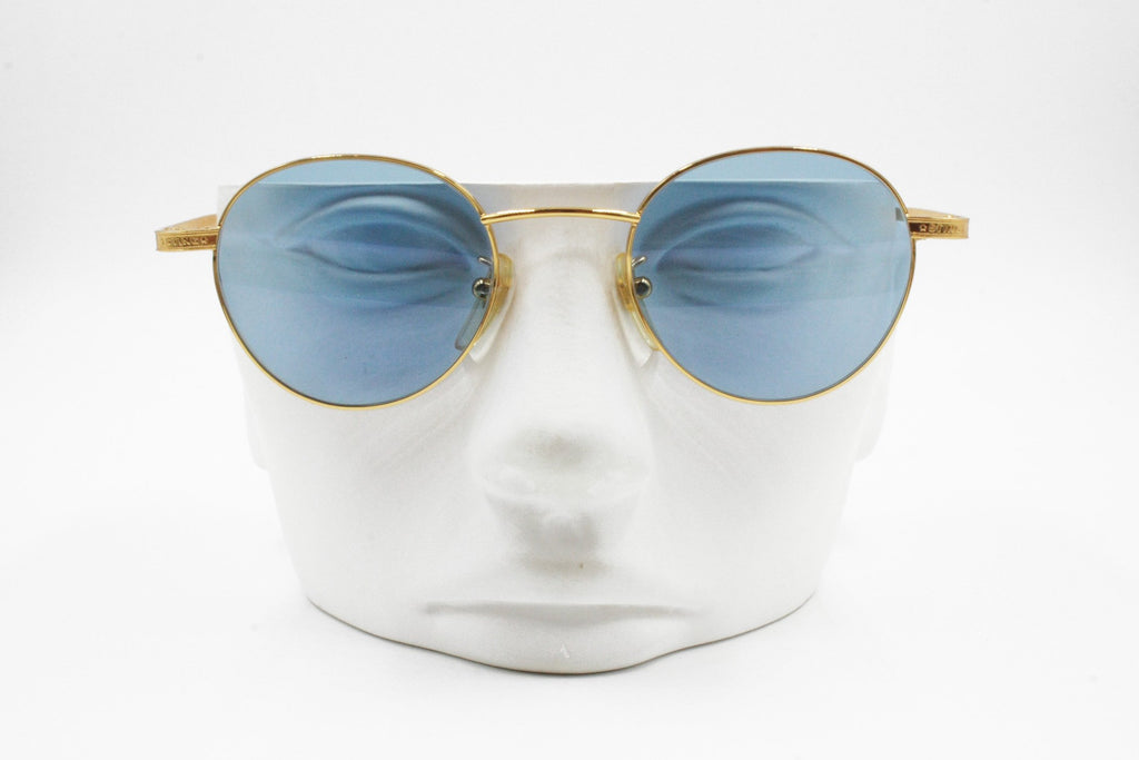 Round Vintage Sunglasses with Blue Lenses and Gold Frames